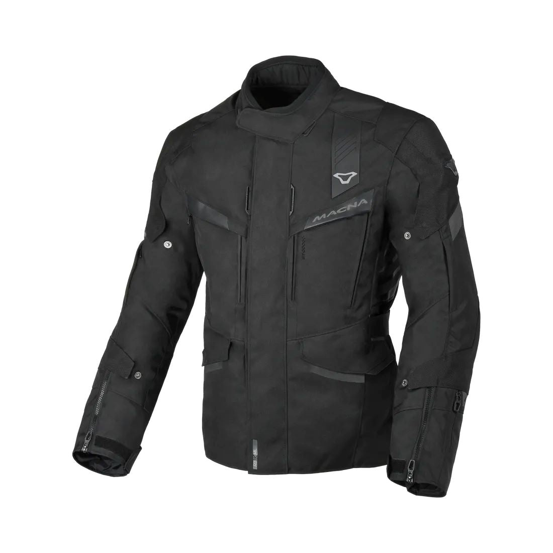 motorcycle jacket macna zatra air panels vents ventilation raintex mesh laminated vision tech prepared led light night eye nighteye retro reflective tech epg air scoop black touring adventure adv front