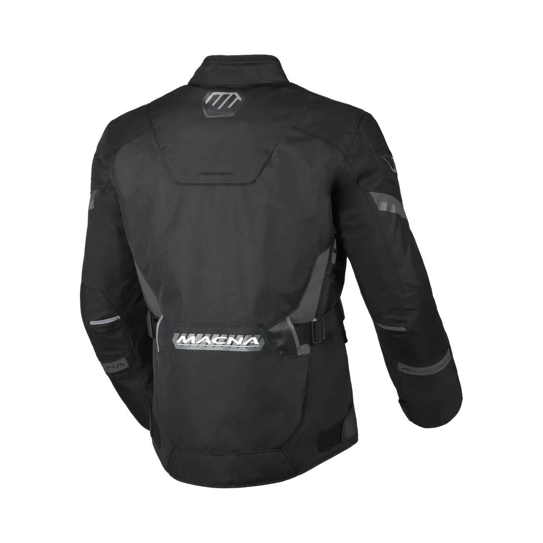 motorcycle jacket macna zatra air panels vents ventilation raintex mesh laminated vision tech prepared led light night eye nighteye retro reflective tech epg air scoop black touring adventure adv back
