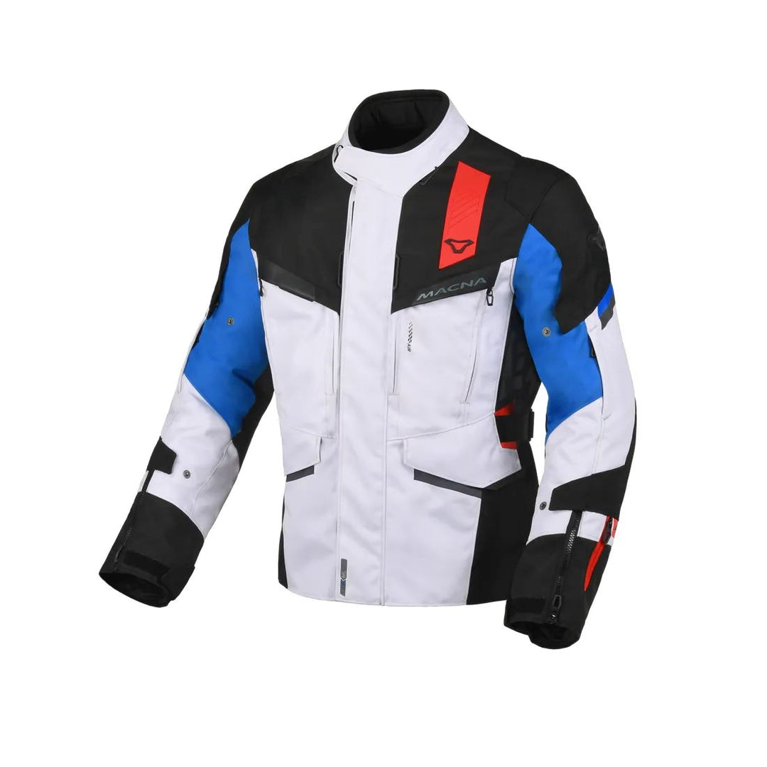 motorcycle jacket macna zatra air panels vents ventilation raintex mesh laminated vision tech prepared led light night eye nighteye retro reflective tech epg air scoop black gray blue red touring adventure adv front