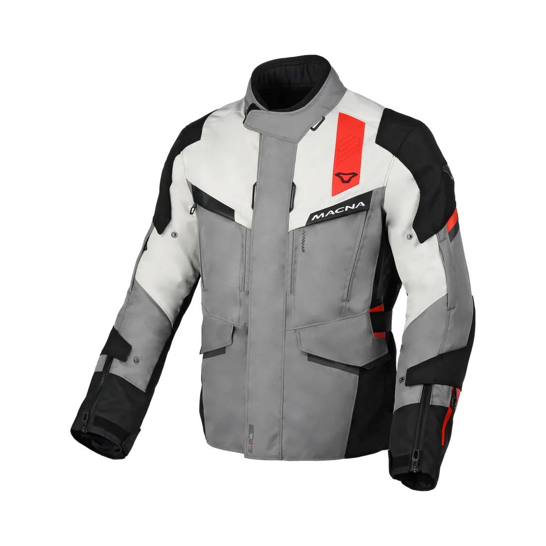motorcycle jacket macna zatra air panels vents ventilation raintex mesh laminated vision tech prepared led light night eye nighteye retro reflective tech epg air scoop black gray red touring adventure adv front