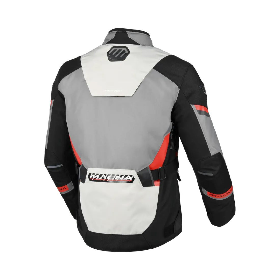 motorcycle jacket macna zatra air panels vents ventilation raintex mesh laminated vision tech prepared led light night eye nighteye retro reflective tech epg air scoop black gray red touring adventure adv back